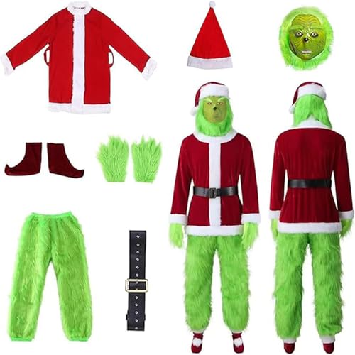 Bavpelp Grinch Kostüm für Erwachsene, 7-Teilig Weihnachtsmann Kostüm, grünes Monsterkostüm für Herren, Weihnachtsfeiern, Cosplay, Fasching Party für Männer und Frauen Props (L) von Bavpelp