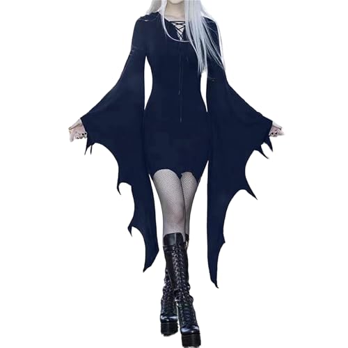 Baxtayel Halloween Karneval Kleid, Gothic Kleidung Damen, 80er Jahre Mittelalter Kleidung Teufel Vampir Kostüm, Schulterfreies Mesh Schmetterlingsärmel Vintage Clothes (Marineblau, M) von Baxtayel
