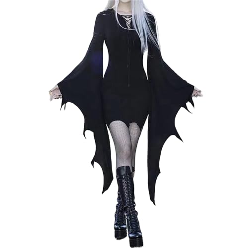Baxtayel Halloween Karneval Kleid, Gothic Kleidung Damen, 80er Jahre Mittelalter Kleidung Teufel Vampir Kostüm, Schulterfreies Mesh Schmetterlingsärmel Vintage Clothes (Schwarz, XXXL) von Baxtayel