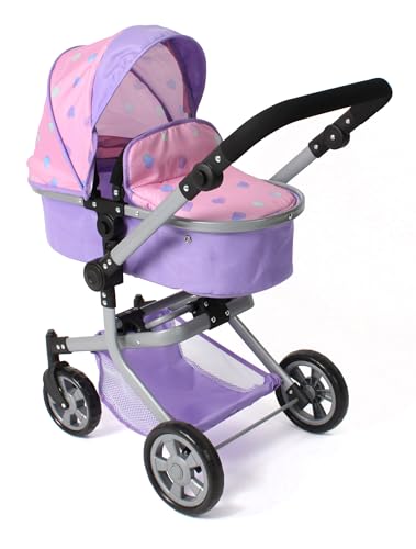 Bayer Chic 2000® 2in1 Puppenwagen Mika – Herzchen lila – faltbar – höhenverstellbarer Griff 47-80 cm – modernes Gestell – Puppen bis 52 cm – 4-8 J. von Bayer Chic 2000