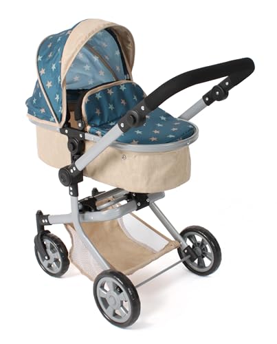Bayer Chic 2000® 2in1 Puppenwagen Mika – Sternchen beige-türkis – faltbar – höhenverstellbarer Griff 47-80 cm – modernes Gestell – Puppen bis 52 cm – 4-8 J. von Bayer Chic 2000