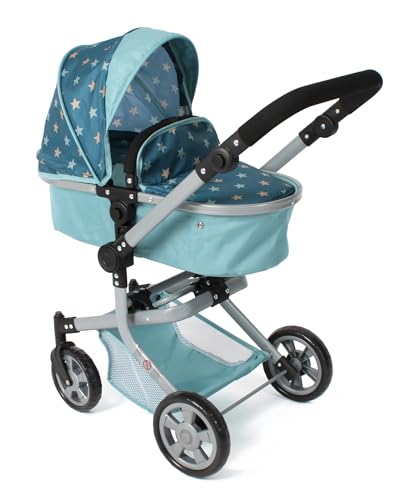 Bayer Chic 2000® 2in1 Puppenwagen Mika – Sternchen türkis – faltbar – höhenverstellbarer Griff 47-80 cm – modernes Gestell – Puppen bis 52 cm – 4-8 J. von Bayer Chic 2000