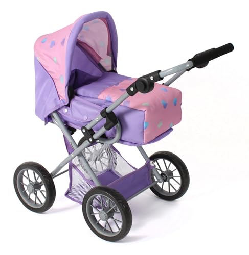 Bayer Chic 2000® 3in1 Kombi Puppenwagen Leni - Herzchen lila - faltbar, höhenverstellbarer Griff 43-67 cm, Tragetasche – Puppen bis 46 cm, ab 3 J. von Bayer Chic 2000