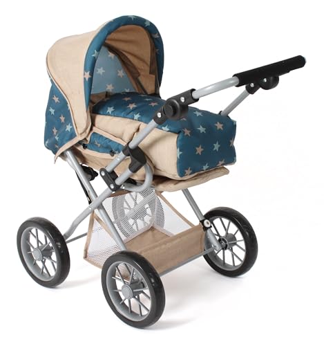 Bayer Chic 2000® 3in1 Kombi Puppenwagen Leni - Sternchen türkis-beige - faltbar, höhenverstellbarer Griff 43-67 cm, Tragetasche – Puppen bis 46 cm, ab 3 J. von Bayer Chic 2000