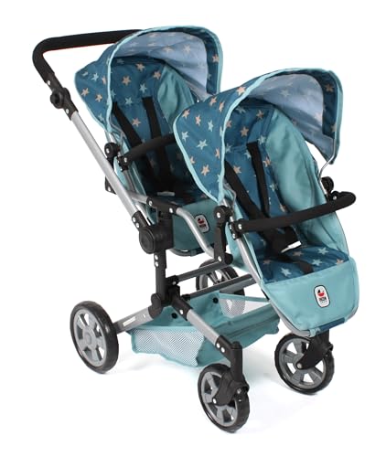 Bayer Chic 2000® Puppenwagen Linus Duo – Sternchen Türkis – Faltbarer Zwillingspuppenwagen – Verstellbarer Griff 50-82 cm – Puppen bis 50 cm – 4-8 J. von Bayer Chic 2000