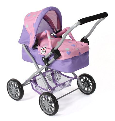 Bayer Chic 2000® Puppenwagen Smarty – Herzchen lila – Zusammenklappbar – Mit Verdeck, Tasche, Kissen & Decke – Griffhöhe 56 cm – Für Kinder ab 2 Jahren, von Bayer Chic 2000