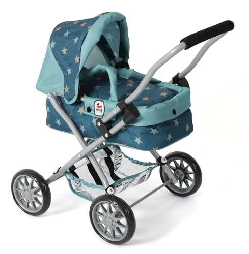 Bayer Chic 2000® Puppenwagen Smarty – Sternchen türkis – Zusammenklappbar – Mit Verdeck, Tasche, Kissen & Decke – Griffhöhe 56 cm – Für Kinder ab 2 Jahren, von Bayer Chic 2000