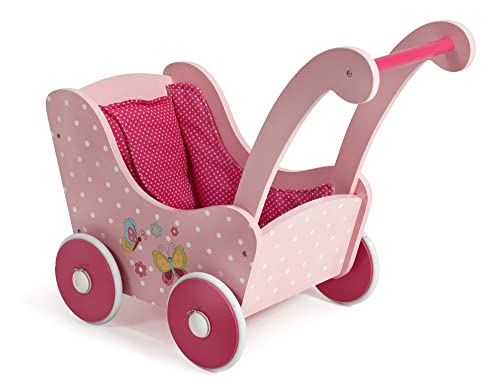 Holzpuppenwagen für Baby-Puppen bis 54 cm, Puppenwagen aus Holz, Schiebehöhe 43 cm von Bayer Chic 2000