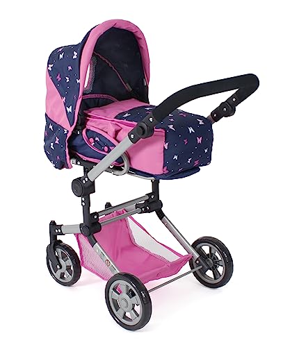 Bayer Chic 2000 587-33 Puppenwagen Jara, 2in1 Kombipuppenwagen für Kinder von 4 bis 8 Jahren, Butterfly, Navy-pink, 70 * 41 * 85 cm von Bayer Chic 2000