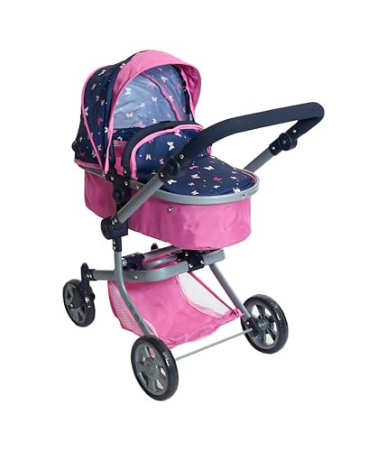 Bayer Chic 2000 595-33 Puppenwagen Mika, 2in1 Kombipuppenwagen für Kinder von 4 bis 8 Jahren, Butterfly, pink-Navy, 73 * 41 * 82 cm von Bayer Chic 2000