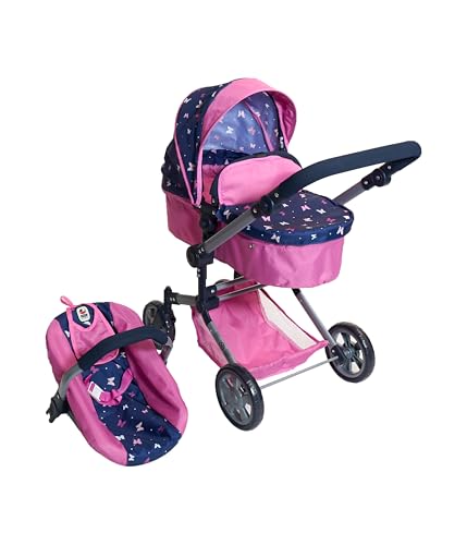 Bayer Chic 2000 - Puppenwagen Linus, 3in1 Kombipuppenwagen für Kinder von 4 bis 8 Jahren, Puppenwagen-Set, 592-33, Butterfly, Navy-pink, 72 * 41.5 * 82 cm von Bayer Chic 2000