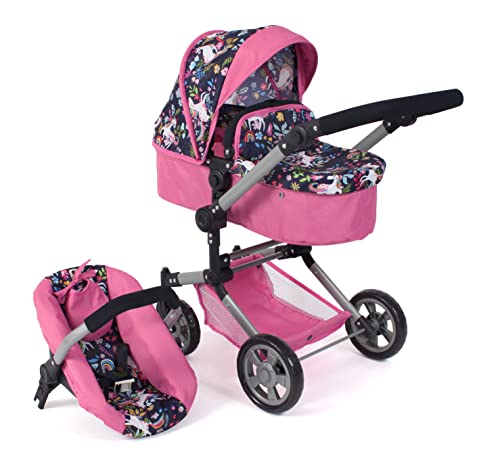 Bayer Chic 2000 - Puppenwagen Linus, 3in1 Kombipuppenwagen für Kinder von 4 bis 8 Jahren, Puppenwagen-Set, Einhorn, Navy-pink, 592-43 von Bayer Chic 2000