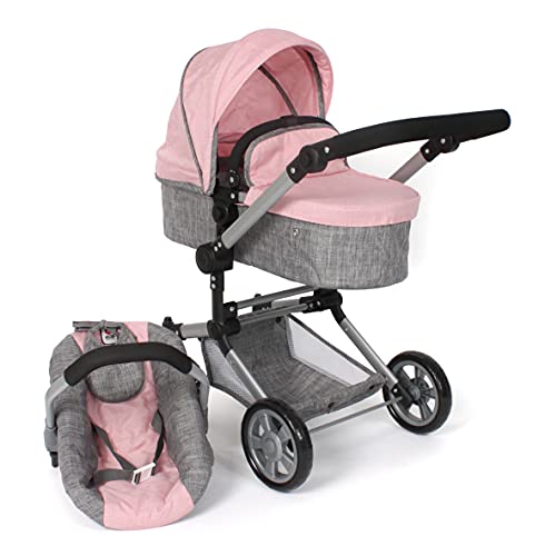 Bayer Chic 2000 - Puppenwagen Linus, 3in1 Kombipuppenwagen für Kinder von 4 bis 8 Jahren, Puppenwagen-Set, Melange grau, rosa, 72 x 41,5 x 82 cm von Bayer Chic 2000