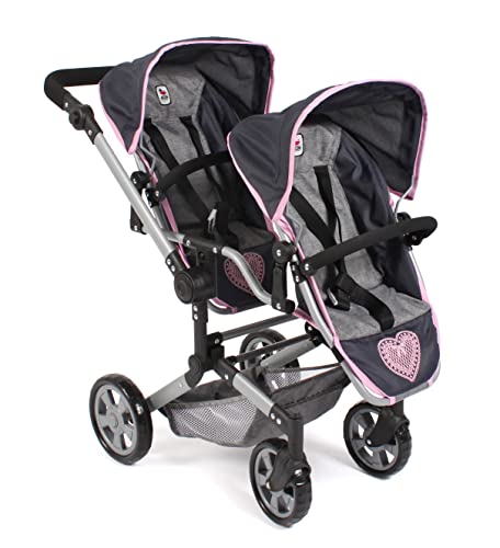 Bayer Chic 2000® Puppenwagen Linus Duo – Melange Grau Navy – Faltbarer Zwillingspuppenwagen – Verstellbarer Griff 50-82 cm – Puppen bis 50 cm – 4-8 J. von Bayer Chic 2000