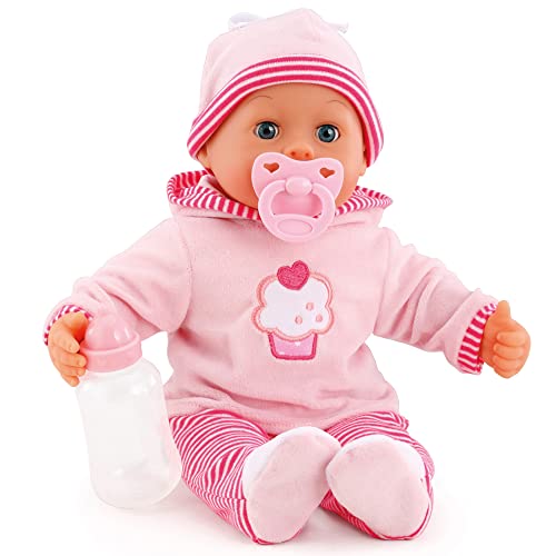 Babypuppe First Words mit Schlafaugen, spricht 24 Babylaute, mit Schnuller und Flasche, 38 cm, Rosa/Streifen von Bayer Design