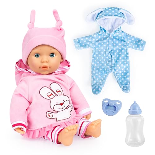 Bayer 93800AS Babypuppe First Words Baby Anna, Macht Geräusche mit extra Puppenkleid und Zubehör, Puppe, rosa, blau, Hase, 38 cm von Bayer Design