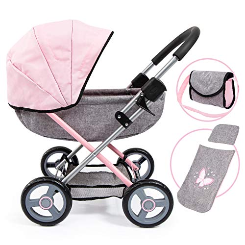 Bayer Design 12733AA Puppenwagen Cosy, zusammenklappbar, inklusive Tasche und Bettdecke, modern, Jeans-grau, rosa mit Schmetterling, 46cm von Bayer Design