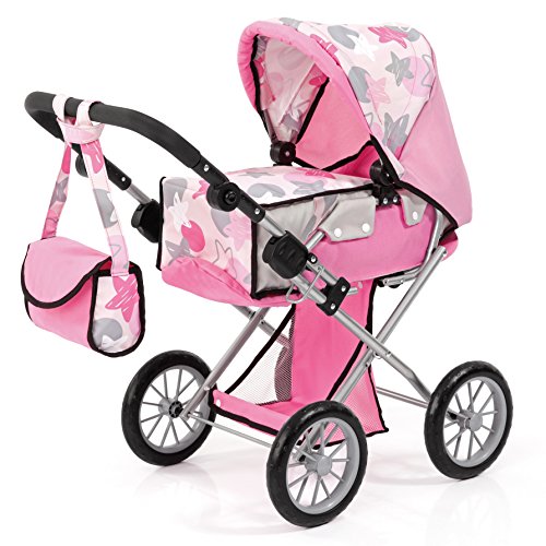 Bayer Design 13672AA Puppenwagen City Star, herausnehmbare Tragetasche, mit Umhängetasche, höhenverstellbar, rosa mit Sternenmuster von Bayer Design