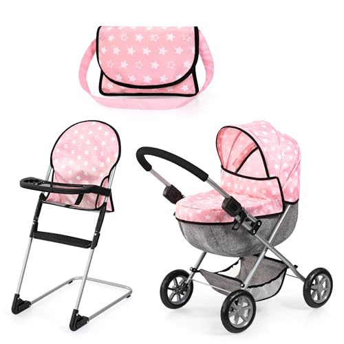 Bayer Design 13730AB Set Puppenwagen faltbar, Softer Griff, mit Tasche, Hochstuhl, Rosa, Grau von Bayer Design