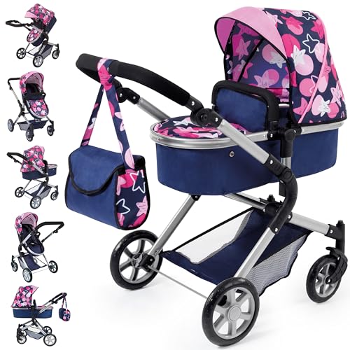 Bayer Design 18169AA City Neo Kombi Puppenwagen Tasche, integriertem Einkaufskorb, umwandelbar in einen Sportwagen, höhenverstellbar, dunkelblau, mit Sternen von Bayer Design