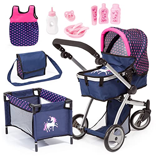 Bayer Design 18354AC Großes Puppenwagenset, Kombi-Puppenwagen Milano, Puppenjogger, höhenverstellbar, Mega Set mit viel Zubehör, Reisebett, Umhängetasche UVM, blau mit Einhorn, 67x15x69 cm Bayer Design 18354AC Großes Puppenwagenset, Kombi-Puppenwagen Milano, Puppenjogger, höhenverstellbar, Mega Set mit viel Zubehör, Reisebett, Umhängetasche UVM, blau mit Einhorn, 67x15x69 cm von Bayer Design