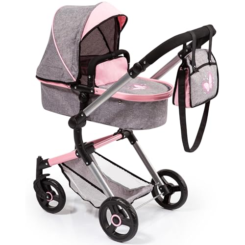 Bayer Design 18433AA Butterfly Kombi Puppenwagen Neo Vario mit Wickeltasche und Einkaufskorb, umwandelbar in einen Sportwagen, höhenverstellbar, grau Jeans-Optik, rosa, Schmetterling, 52cm von Bayer Design