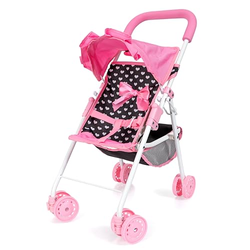 Bayer Design 21560AA Puppenbuggy mit Dach und Tasche, Doppelrädern, Gurt, integriertem Korb, faltbar, Schwarz, Rosa von Bayer Design