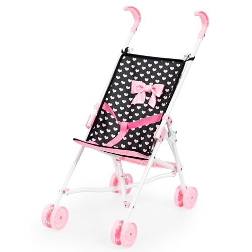 Bayer Design 30560AA Kinderwagen Puppe, faltbar, integrierter Sicherheitsgurt, Doppelräder, M, Schwarz, Weiß, Rosa von Bayer Design