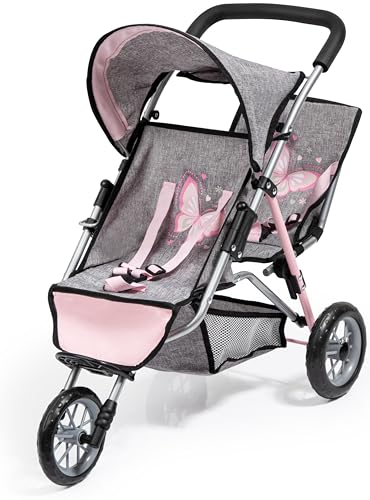 Bayer Design 39133AA Puppenwagen Tandem Duo, Zwillingspuppenwagen, mit 3 Rädern, zweifarbiges Gestell, Sonnendach, Sicherheitsgurt, Jeans-Optik grau, rosa, Schmetterlingsmotiv Bayer Design 39133AA Puppenwagen Tandem Duo, Zwillingspuppenwagen, mit 3 Rädern, zweifarbiges Gestell, Sonnendach, Sicherheitsgurt, Jeans-Optik grau, rosa, Schmetterlingsmotiv von Bayer Design