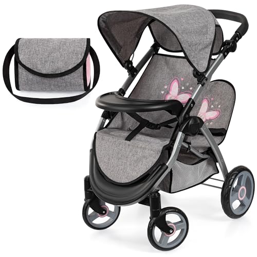 Bayer Design 39433AA Zwillingspuppenwagen, Puppenwagen, Geschwisterwagen, höhenverstellbar, klappbar, Tasche, Jeans-grau, Rosa Bayer Design 39433AA Zwillingspuppenwagen, Puppenwagen, Geschwisterwagen, höhenverstellbar, klappbar, Tasche, Jeans-grau, Rosa von Bayer Design