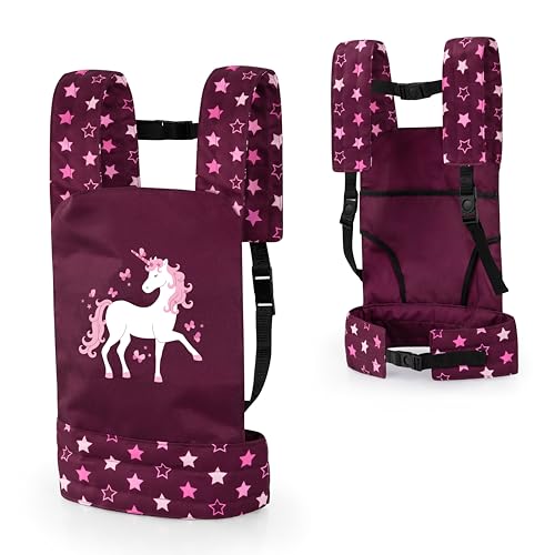 Bayer Design 62223AA Puppentrage EasyCarry, gepolstert, verstellbare Riemen, hinten und vorne tragbar, für Puppen und Plüschtiere, Bordeaux, rosa, Einhorn, 46 cm von Bayer Design