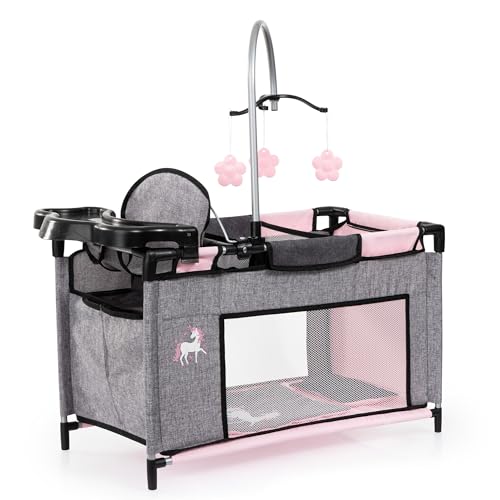 Bayer Design 62633AB Puppenbett mit Schrank, Sitz, Mobile, Ablage, Bettdecke, Kissen, Jeans-grau, rosa, Einhorn, Klein von Bayer Design