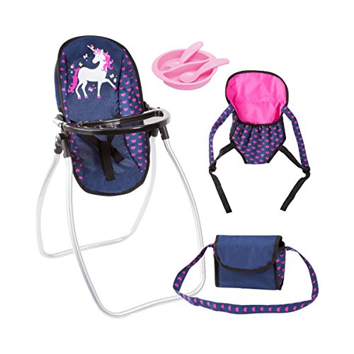 Vario Set 9 in 1 Einhorn mit Hochstuhl, Tasche, Trage, Teller, Gabel, Löffel, Puppenzubehör von Bayer Design