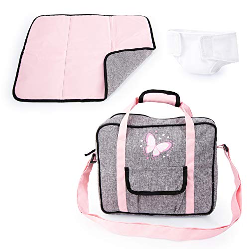 Bayer Design 69233AB Puppenzubehör, Puppenpflege Set, Wickelset für Puppen, Zubehör für Babypuppen mit Wickeltasche, Wickelunterlage, genähte Windel, grau, rosa mit schmetterling Bayer Design 69233AB Puppenzubehör, Puppenpflege Set, Wickelset für Puppen, Zubehör für Babypuppen mit Wickeltasche, Wickelunterlage, genähte Windel, grau, rosa mit schmetterling von Bayer Design