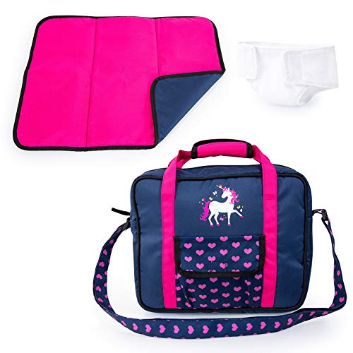 Bayer Design 69254AC Puppenzubehör, Puppenpflege Set, Wickelset für Puppen, Zubehör für Babypuppen mit Wickeltasche, Wickelunterlage, genähte Windel, blau, pink mit Einhorn u. Herzen von Bayer Design