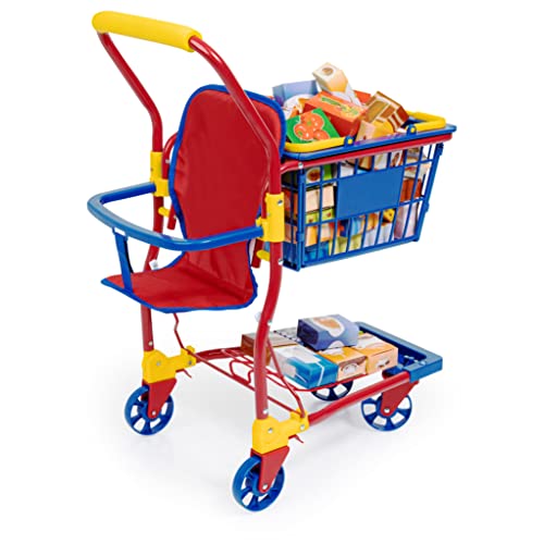 Bayer Design 75003AA Einkaufswagen Supermarkt Kinder, mit Spiellebensmittelkartons, bunt, aus Metall, integrierter Sitz, herausnehmbarer Korb, Kaufladenzubehör von Bayer Design