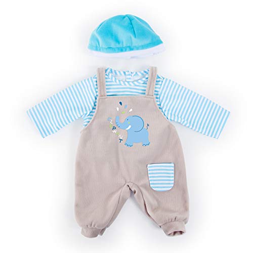 Bayer Design 83876AA Puppenkleidung für 33-38cm Puppen, Latzhose, Oberteil und Mütze, Set, Outfit mit Elefant, blau, grau mit Streifen von Bayer Design