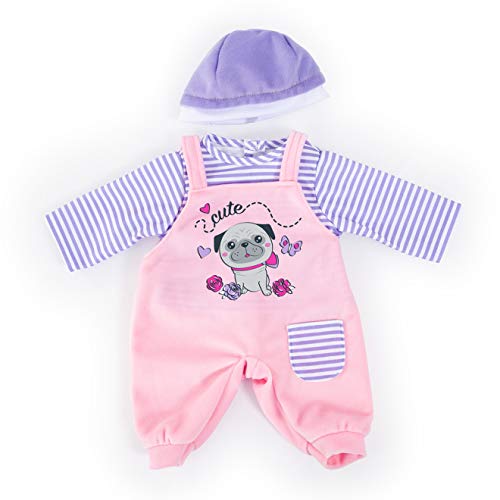 Bayer Design 83883AA Puppenkleidung für 33-38cm Puppen, Latzhose, Oberteil und Mütze, Set, Outfit mit süßem Hundemotiv, rosa, lila, S von Bayer Design