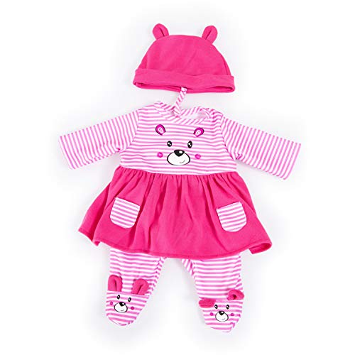 Bayer Design 83887AA Puppenkleidung für 33-38cm Puppen, Kleid, Hose, und Mütze, Set, Outfit mit niedlichem Bärenmotiv, pink-weiß gestreift, S von Bayer Design