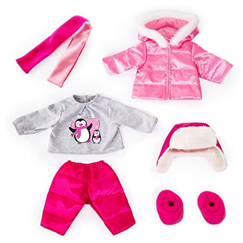 Bayer Design 84613AA - Puppenkleidung für 40-46cm Puppen, Winterset, Winterjacke, Hose, Mütze, Shirt mit Pinguin, Schal und Schuhe, Rosa Grau von Bayer Design