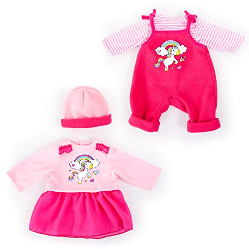 Puppenkleidung für 42-46cm Puppen, Latzhose, Oberteil, Mütze und Kleid, Set, Outfit mit Einhorn von Bayer Design