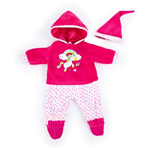 Bayer Design 84690AA Puppenkleidung für 40-46cm Puppen, Hose, Oberteil und Mütze, Set, Outfit mit Einhorn und Regenbogen, pink von Bayer Design