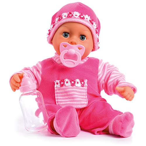 Bayer Design 93800-pink 93825AA Babypuppe First Words, Schlafaugen, spricht 24 Babylaute, weicher Körper, mit Schnuller und Flasche, 38 cm, pink von Bayer Design