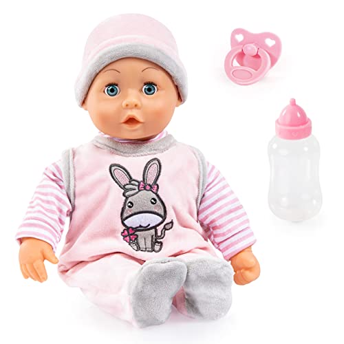 Bayer Design 93800AQ Puppe Sweet Baby, weicher Körper, schließt die Augen, mit Flasche und Schnuller, Eselmotiv, 38cm Rosa mit Esel von Bayer Design