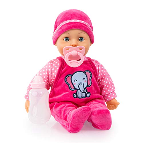 Bayer Design 93824CA, Puppe Sweet Baby 38cm, Babypuppe, Weichkörper, Schlafaugen, inkl. Flasche und Schnuller, rosa, pink, gepunktet mit Elefant von Bayer Design