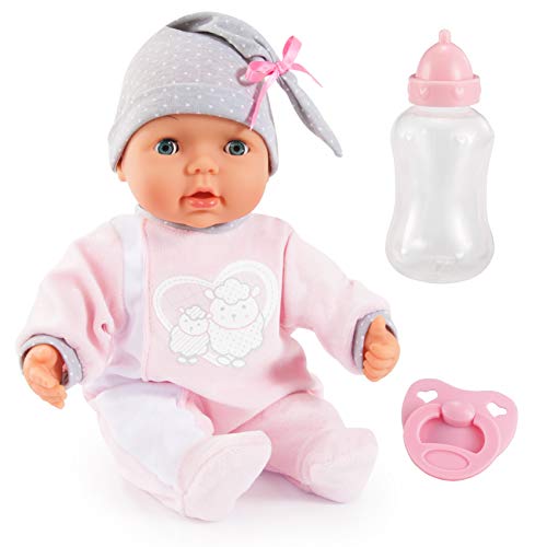 Bayer Design 93829AA My Piccolina Interactive Puppe mit Funktion, sprechend, Babylaute, bewegt den Mund, 38 cm, rosa, grau mit Motiv Schaf von Bayer Design