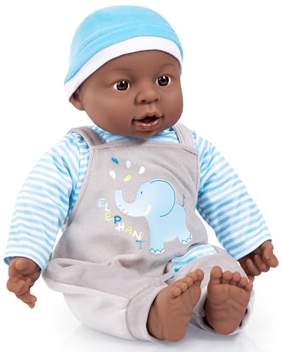 Bayer Design 94001AH Funktionspuppe, Babypuppe Interactive Boy, Junge, 12 Babylaute, 40cm, dunkelhäutig, mit Ringellocken, weicher Körper von Bayer Design
