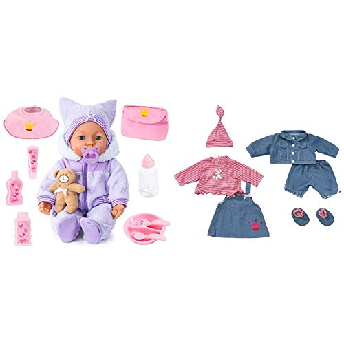 Bayer Design 94694AA, Funktionspuppe, Interaktive Puppe Piccolina Magic Eyes, bewegt den Mund, lila, 46cm & Puppenkleidung für 42-46cm Puppen, Hose, Oberteil, Jacke, Kleid, Shirt, Mütze, rosa von Bayer Design