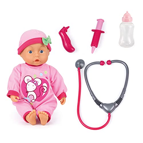 Bayer Design 93378AA Doktorpuppe, mit Babylauten, sprechend, Fläschchen, Arzt-Spiel-Set, Rollenspiele, 33cm, Rosa mit Mausmotiv von Bayer Design