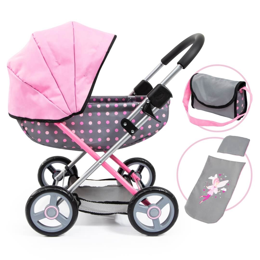 Puppenwagen Cosy grau mit rosa Punkten Puppenwagen Cosy grau mit rosa Punkten von Bayer Design